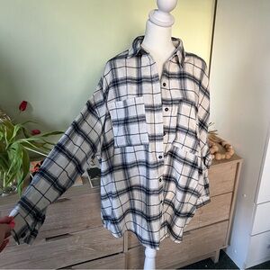 BOOHOO White & Navy Blue Soft Plaid Oversized Button Down Dress Casual Shirt S